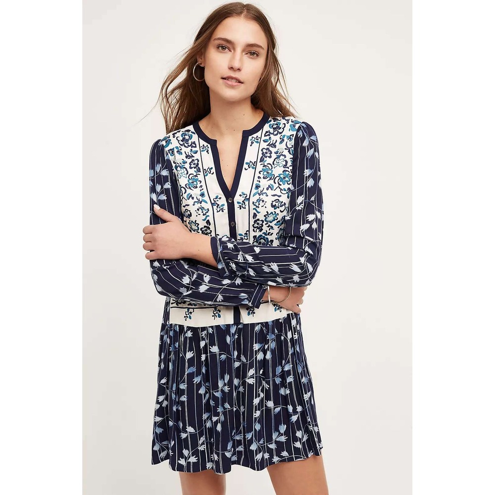 Anthropologie Tiny Semele Shirtdress Navy Floral Drop Waist Boho Mixed Print LG